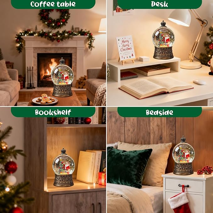 Christmas Snow Globes Lantern, Santa Claus and Gifts Christmas Decorations Indoor, 6H Timer Battery & USB Powered Light Up Musical Snow Globes for Kids Women Adults Gift Thanksgiving Home Decor