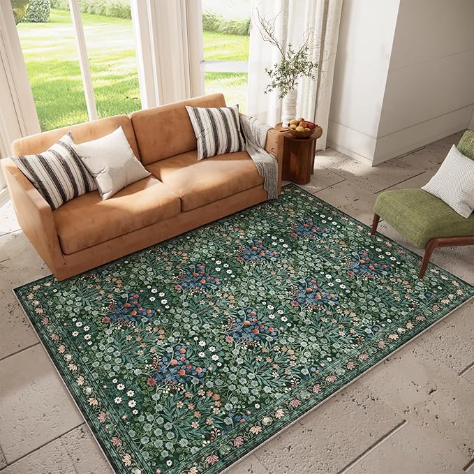 Washable Dark Green 6x9 Oriental Style Area Rug for Dining Room Under Table & Living Room, Low Pile Non-Slip Stain Resistant Carpet for Bedroom