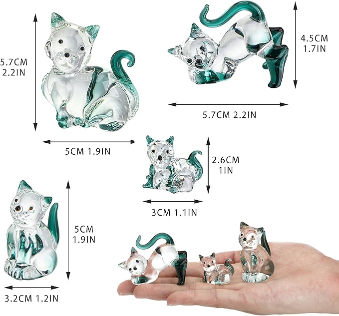 HDCRYSTALGIFTS 2'' Blown Glass Cat Figurines Collectibles Pack of 4 Emerald Green Crystal Kitty Animal Statue Kitten Sculpture for Home Decor Gift for Cat Lovers