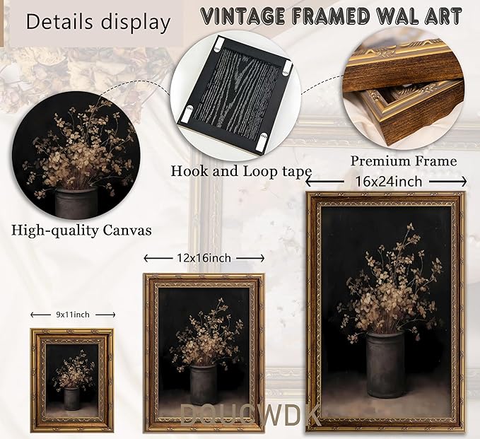 Vintage Gold Framed Wall Art Fall Dried Flowers Antique Vase Country Oil Painting Canvas Prints Dark Moody Rustic Still Life Picture Gothic Victorian Botanical Poster Artwork for Bedroom,16x24in