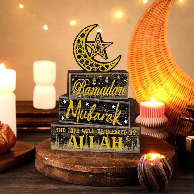 Moucuny 4 Pcs Ramadan Mubarak Table Decor Wooden Eid Mubarak Tabletop Signs for Home Black and Gold Muslim Islam Ramadan Mubarak Centerpiece for Islamic Gifts Kareem Home Table Decor