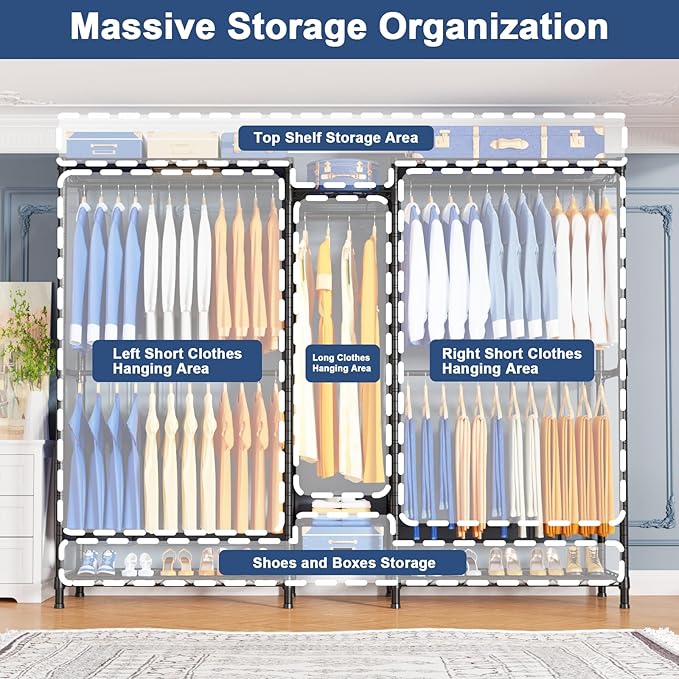 Ulif E12C Pro Heavy Duty Closet Organizer System，Freestanding Clothing Racks for Hanging Clothes，Adjustable Garment Rack 71"W x 16"D x 76.5"H Hold 960lbs，Black Clothing Rack with Grey Dustproof Cover