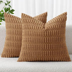 MIULEE Pack of 2 Corduroy Decorative Euro Sham Throw Pillow Covers 24x24 Inch Soft Boho Striped Pillow Covers Modern Farmhouse Home Decor for Sofa Living Room Couch Bed Brown