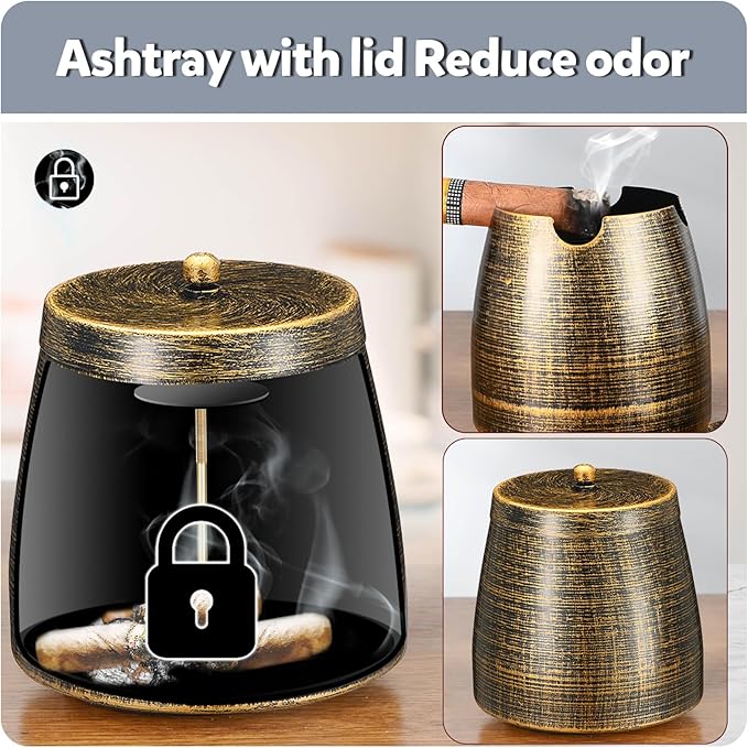 Cigar Ashtray with Lid for Outdoors Outside Patio Home Retro Decor,Large Cigar Holder Ash tray Outdoors,Cigar Accessories Gift for Men Dad Husband Boyfriend-Small
