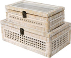 DECOR4SEASON Rattan and Cane Stacking Boxes with Glass Top Lid - Set of 2 11.8" and 14.1", for Boho and Rustic Farmhouse Decor, White Wash