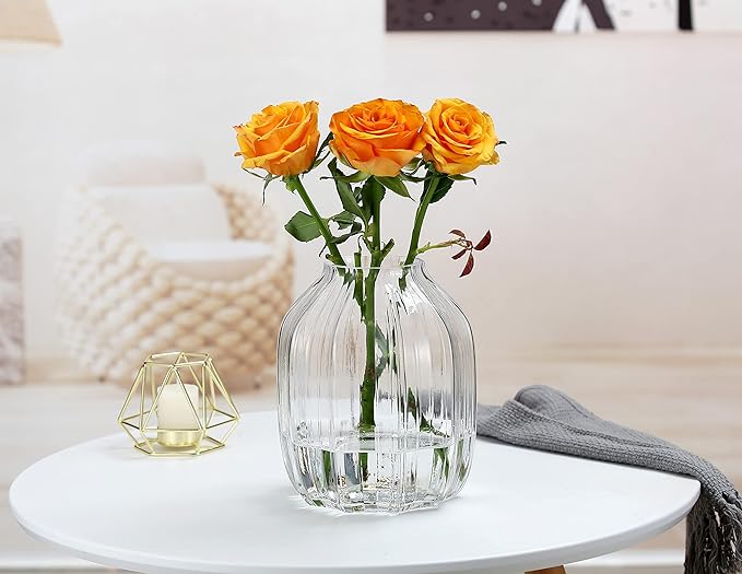 Large Clear Glass Ribbed Vase - 8.0" Decorative Tall Vase for Home Table Centerpieces and Farmhouse