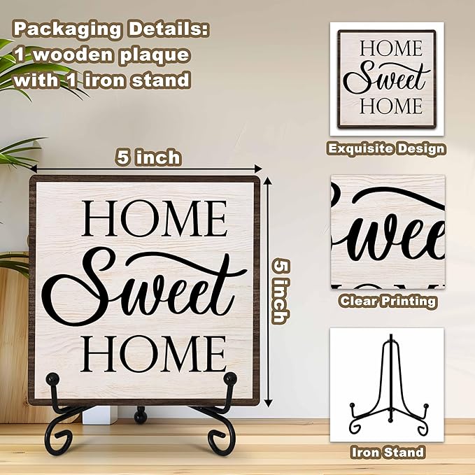 Home Sweet Home Decor, Kitchen Decor and Accessories, Farmhouse Wooden Plaque with Iron Stand for Living Room Desk Shelf Decor-A19