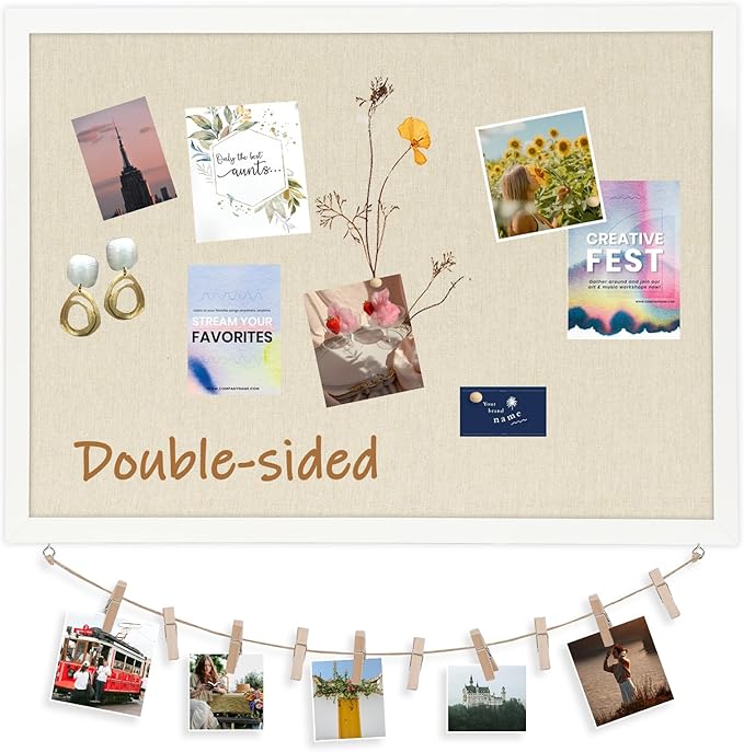 DOLLAR BOSS Cork Board Bulletin Board with Linen Double-Sided 30" x 20" Linen Corkboards for Walls Picture Display Vision Board for Office Home School Framed Picture Pin Board, 20 Pushpins 10 Clips