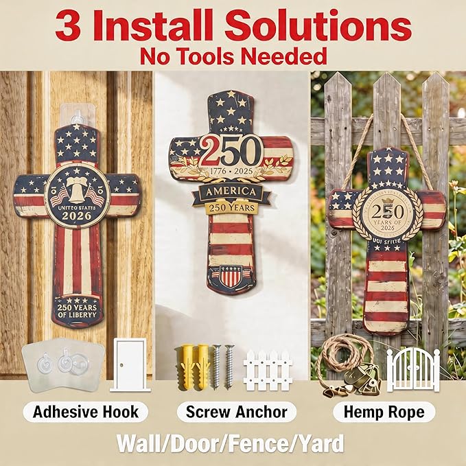 YOYAI American Flag Cross Wall Decor – 250th Anniversary USA 1776–2026 – Patriotic Christian Wooden Cross – Vintage Rustic Wall Art – Meaningful Gift for Home, Veterans, Family