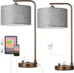 Innqoo Bedside Table Lamps for Bedroom Set of 2-Dimmable Nightstand Lamps with USB Port and Outlet,Modern Brown Lamps with Linen Shade,Tall Desk Lamps for Home Office Bedroom Living Room End Table