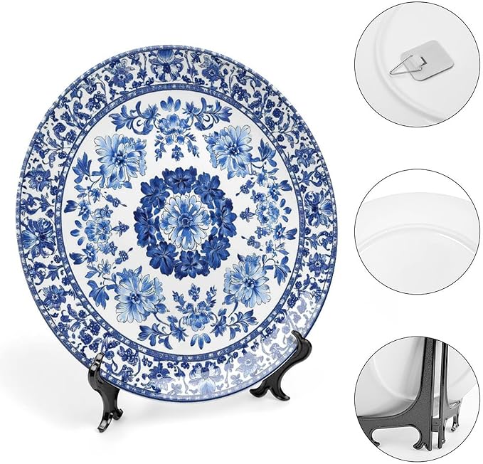 Blue Ceramic Decorative Plate, Blue And White Pottery Decorative Dish with Stand, Chinese Blue And White Porcelain Bone China Decorative Plates Art Porcelain Plate for Living Room Hallway Table Decor