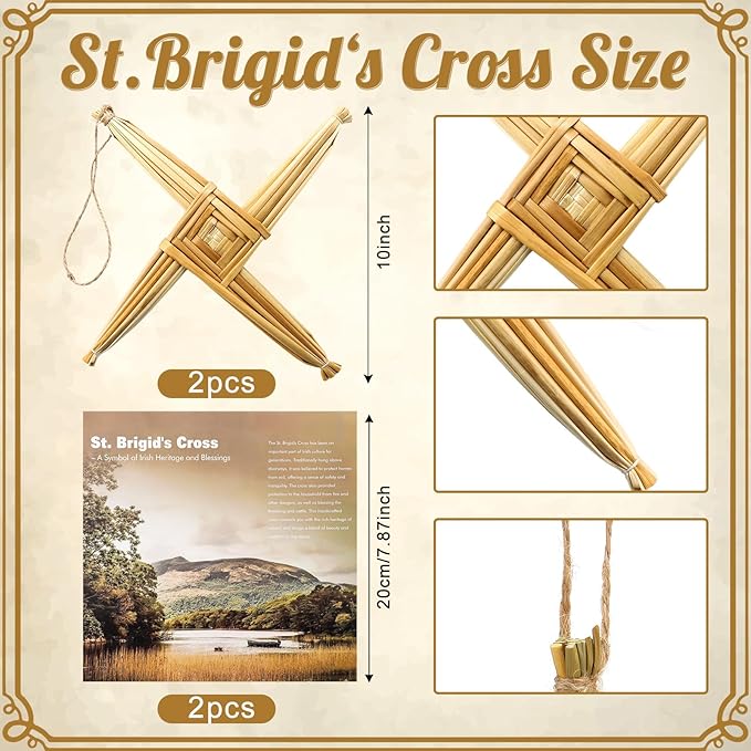 Kathfly 2 Pcs St. Brigid's Wall Cross and Card Irish Gift Saint Brigid's Cross History Card Irish Blessing Gift Ireland Hanging Wall Traditional Decor for Celtic Imbolc Home(10 in,Classic,Straw Color)