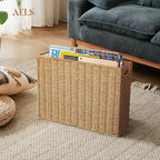 AELS Woven Natural Fibre Magazine Holder, Magazine Rack Floor, Hand-woven Magazine Organizer, Natural Paper Rope Magazine Basket with Handles, Boho Modern Farmhouse Book Basket, Newspaper Holder