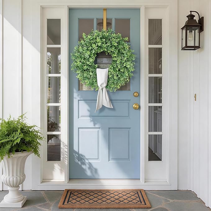 26" Artificial Eucalyptus Wreath with Sash for Front Door, Porch, Window - Large Faux Eucalyptus Leaves Greenery Outdoor Wreath for Home, Farmhouse Decor - Spring, Summer, All Seasons (Green)