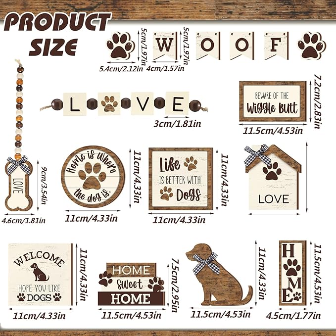 Mifoci 16 Pcs Dog Tiered Tray Decor Cute Dog Signs Home Decor Wooden Woof Decorative Trays Farmhouse Vintage Sweet Home Wooden Sign for Winter Kitchen Coffee Bar Decoration