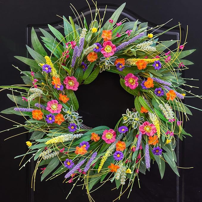 Spring Wreaths for Front Door 24 Inch - Outdoor Spring Summer Wreath with Wildflower and Green Leaves,Front Door Wreath for Farmhouse Home Porch Wall Decor