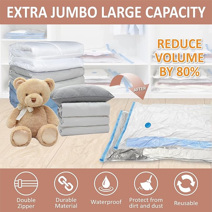 Cozy Essential Vacuum Storage Bags, Compression Space Saver Bags for Clothes, Comforters, Blankets, Pillow, Bedding, Sealer Clothing Storage,8 XXL Jumbo
