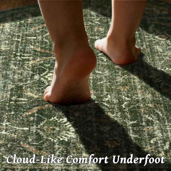 Washable 6x9 Area Rugs for Living Room, Boho Non-Slip Vintage Distress Large Rugs for Bedroom Dining Room Nursery Office, 0.3" Neutral Oriental Throw Thin Carpet, Grass Green/Multi