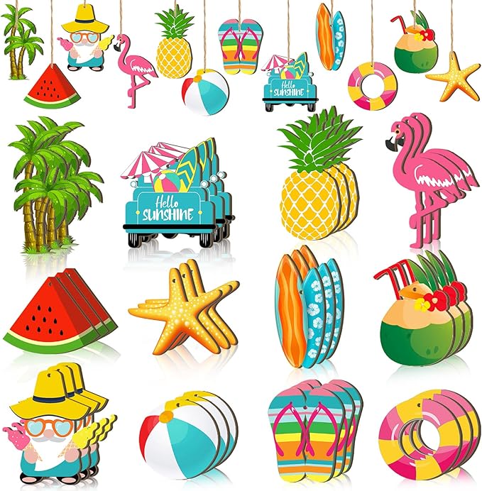 Geelin 36 Pcs Summer Wood Hanging Ornaments for Tree Mini Tree Decorations Hawaiian Beach Wooden Pendant Decorations with String for Luau Party Supplies(Classical)