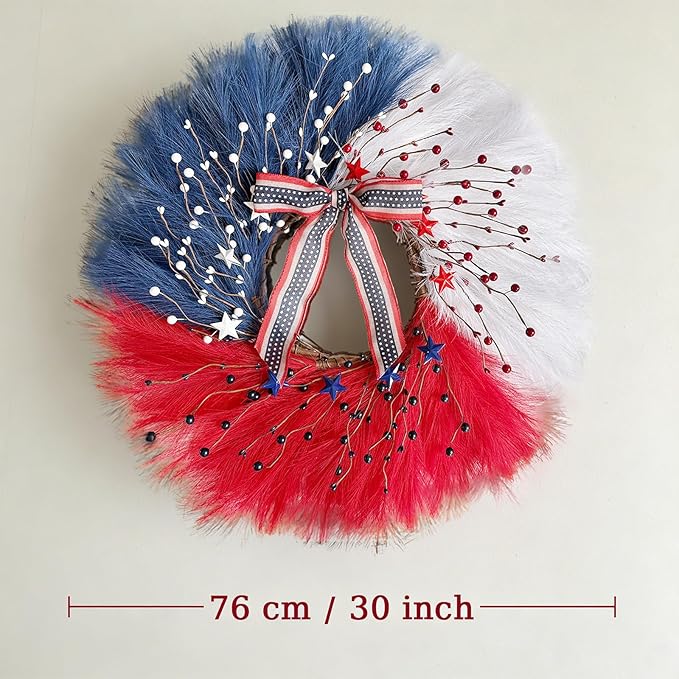TEMPUS 30 Inch Patriotic Wreath for Front Door, Artificial Pampas Grass Reeds Wreath with Red White Blue Berries and Metal Stars, 4th of July Memorial Day Decor