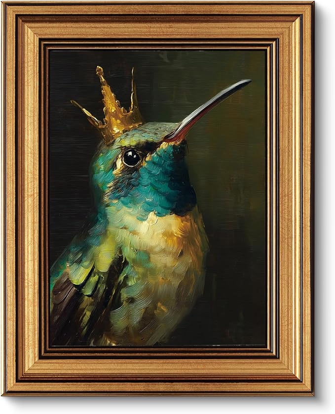 VIYYIEA Vintage Gold Framed Wall Art for Living Room, Hummingbird Canvas Prints Home Decor, Oil Painting Picture, Bedroom Wall Decor Gifts for Friends or Family -【King of Hummingbirds】-(10L x 8W)
