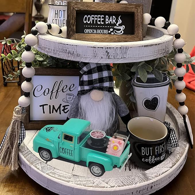 Coffee Bar Decor Vintage Mini Metal Truck Decor with Book Accessories for Coffee Station, Farmhouse Tiered Tray Tabletop Decorations for Home Kitchen, Office, Cafe