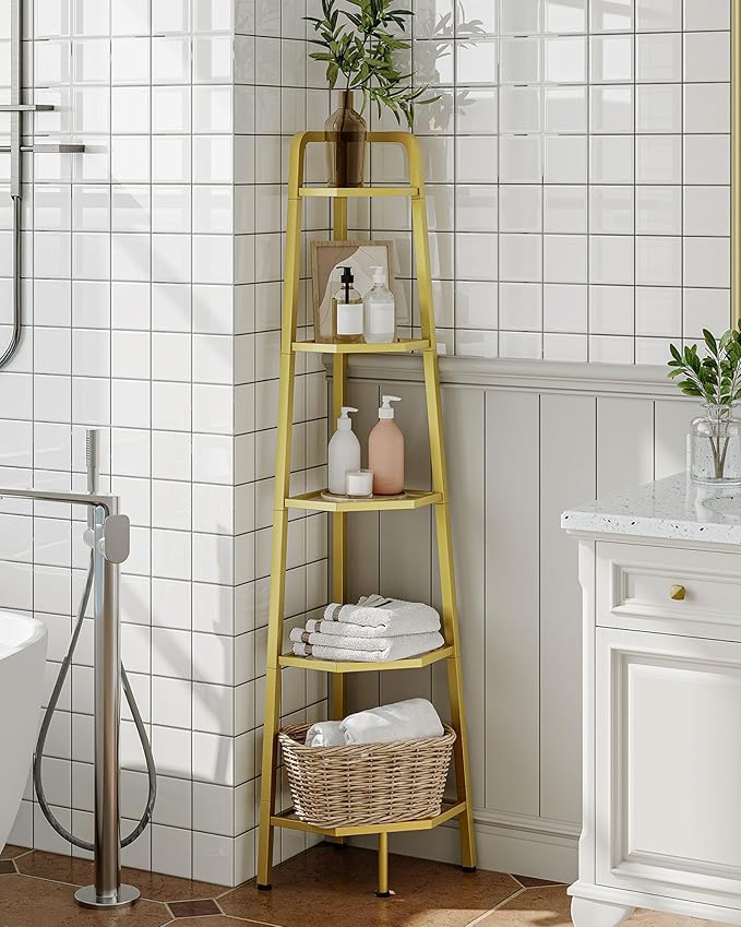 CHOEZON 5-Tier Corner Shelf, 59.6” Corner Storage Stand, Floorstanding Dispaly Rack, Tempered Glass Corner Bookshelf, Open Plant Stand, for Living Room, Bedroom, Study, Bathroom, Gold TCJ21GJ