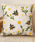Embroidered Throw Pillow Cover 20x20 Inch - Spring Summer Boho Decorative Pillow Cover with Zipper for Living Room Couch Sofa Bed Aesthetic Design Flower Bee Cushion Pillowcase