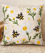 Embroidered Throw Pillow Cover 20x20 Inch - Spring Summer Boho Decorative Pillow Cover with Zipper for Living Room Couch Sofa Bed Aesthetic Design Flower Bee Cushion Pillowcase