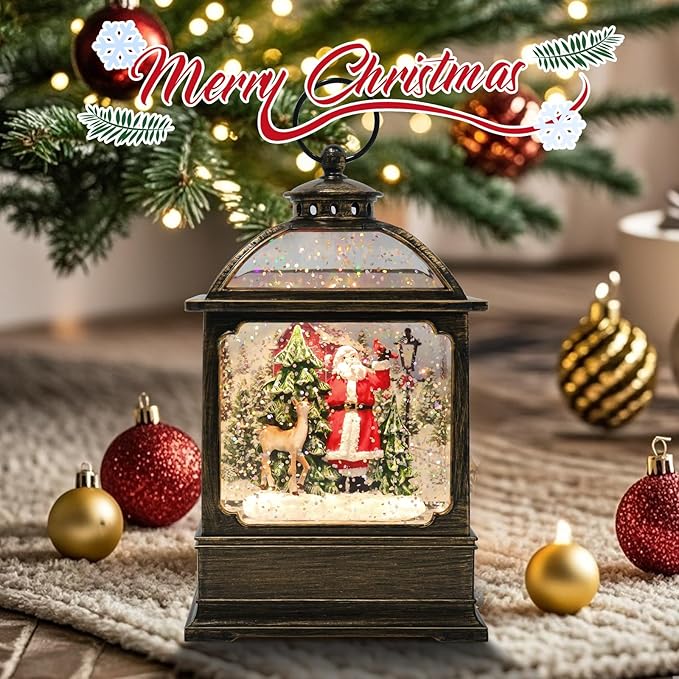Christmas Snow Globe Lantern with Santa and Reindeer 8 Music Songs & 6H Timer Water Snow Globe Lantern USB & Battery Operated for Christmas Festival Decorations Gifts (Santa and Reindeer)