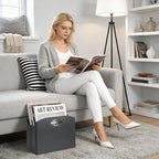 EZDeco PU Leather Magazine Holder, Magazine Rack Floor, Magazine Storage Basket & Vinyl Record Holder, File Folder Organizer for 12 inch LP Albums, Magazines, Books, Newspapers (Grey)