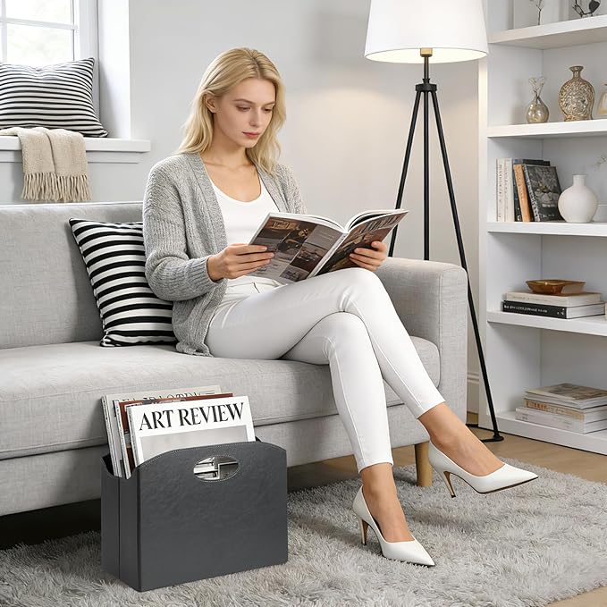 EZDeco PU Leather Magazine Holder, Magazine Rack Floor, Magazine Storage Basket & Vinyl Record Holder, File Folder Organizer for 12 inch LP Albums, Magazines, Books, Newspapers (Grey)