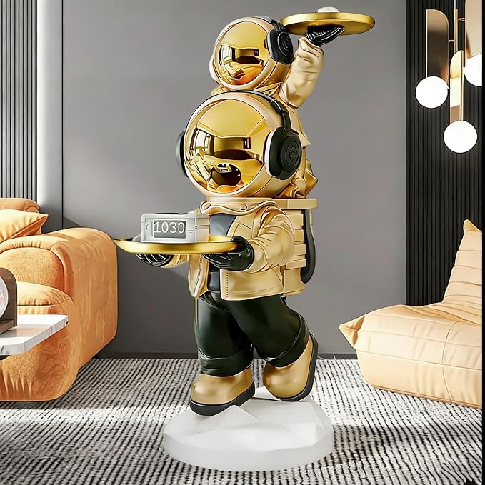 Large Astronaut Statue, Astronaut Sculpture, Astronaut Decoration, Cool Metal mask Decor, Floor Sculpture, Suitable for Living Room, Bedroom, Stores, etc., Tray can be Used for Storage