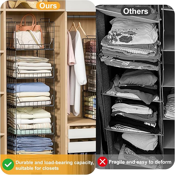 5-Tier Stackable Closet Organizer Shelf – Foldable Metal Storage Bins for Clothes, Sweaters & Towels | Stylish Black Wire Baskets for Bedroom, Wardrobe, Dorm or Entryway
