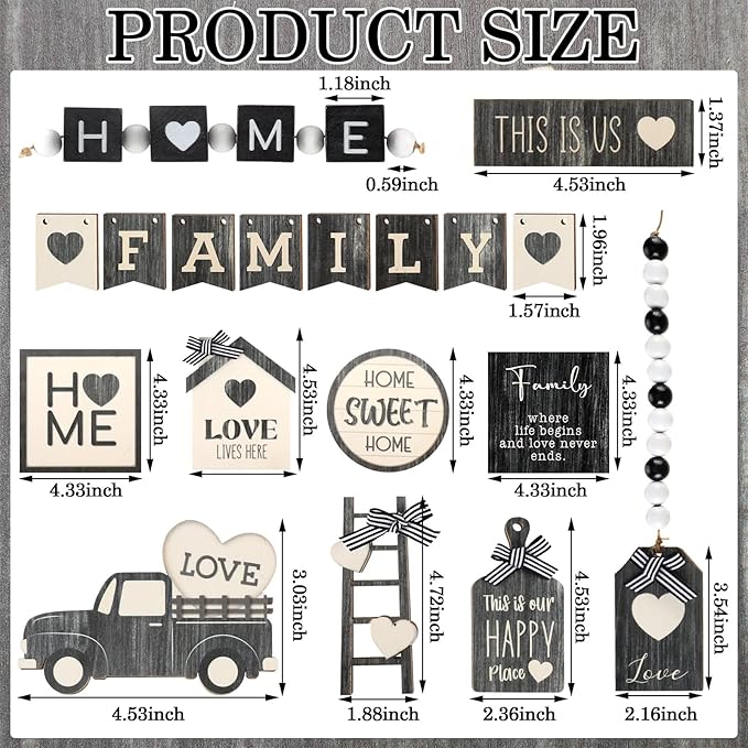 Mifoci 18 Pcs Farmhouse Tiered Tray Decor Home Wooden Signs Rustic Home Tiered Tray Decorations Sweet Vintage House Tabletop Table Centerpiece Black White Block for Kitchen Table Housewarming