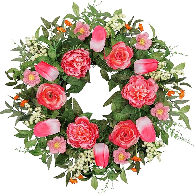 Vlorart 24 Inch Spring Summer Wreath Peony Wreath for Front Door with Pink Tulip, Eucalyptus Leaves, White Berries for Indoor Outdoor Wall Festival Home Farmhouse Wedding Decor