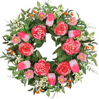 Vlorart 24 Inch Spring Summer Wreath Peony Wreath for Front Door with Pink Tulip, Eucalyptus Leaves, White Berries for Indoor Outdoor Wall Festival Home Farmhouse Wedding Decor