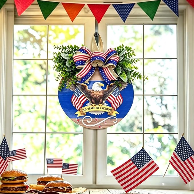 12" Patriotic Wreath for Front Door Wooden Welcome Sign, 4th of July Decorations Outdoor with USA 250th Anniversary Flag, Memorial Day Patriotic Decor (Color-Freedom1)