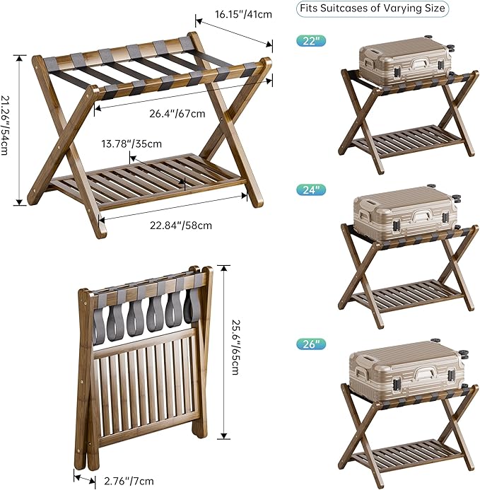 SMIBUY Luggage Rack, Set of 2, Foldable Bamboo Suitcase Stand with Storage Shelf for Guest Room, Bedroom, Hotel, Heavy-Duty (Walnut)