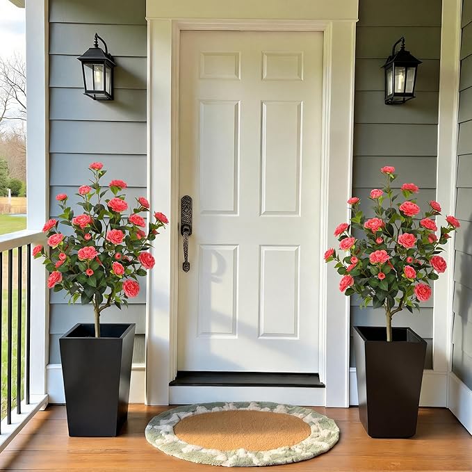 Bellacat 4ft Artificial Camellia Tree with Silk Pink Flowers, 48in Faux Camellia Plant with Lifelike Trunk, Fake Flower Tree Potted Front Door Plants for Porch Patio Deck Living Room Decor, 2Pack