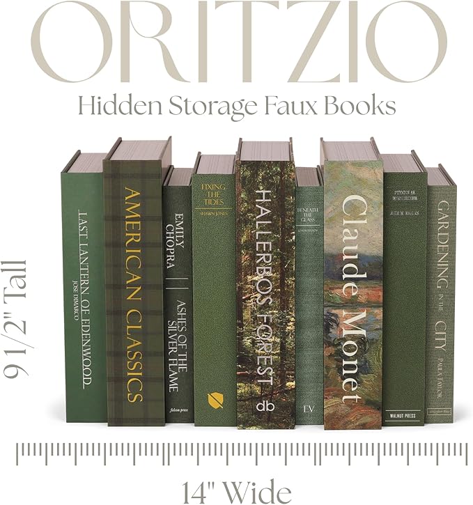 ORITZIO Green Faux Books Set of 9 - Concealed Storage Faux Books Perfect for Coffee Table, Home Staging, Interior Design & Fashion Books, Old Money Asesthetic