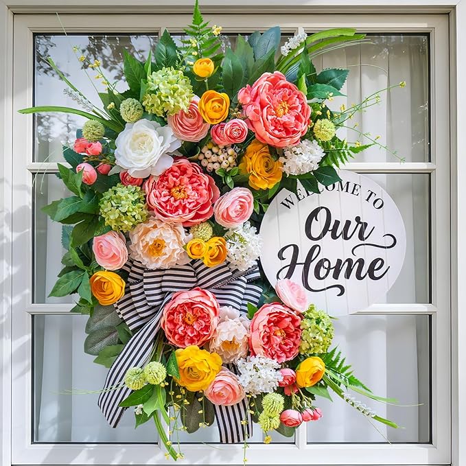 Spring Summer Wreaths for Front Door 24 Inch, Half Moon Wreath with Peony, Rose & Dalia, Outdoor Spring Wreaths for Front Door Outside, Summer Wreath for Front Door Farmhouse Welcome Sign Door Decor