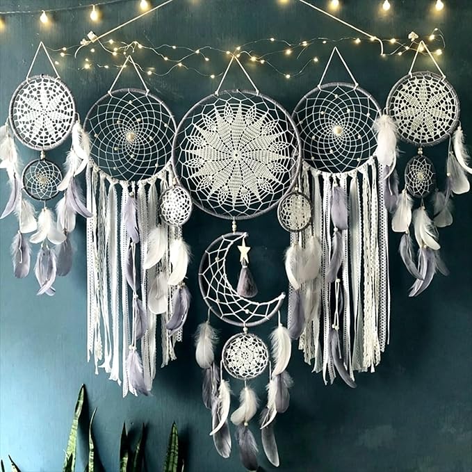 Set of 5 Boho, Hanging Large Boho Dream Catcher Wall Hanging Moon Dream Catcher Set Dream Catchers Wall Decor for Vintage Wedding Home Decorations (Grey)