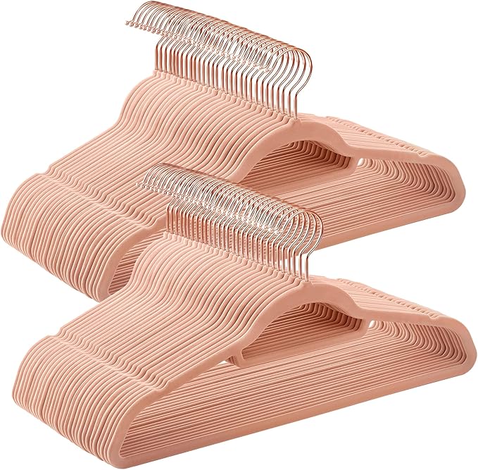 SONGMICS Velvet Hangers, Set of 60 Clothes Hanger with Rose Gold Swivel Hook, Non-Slip, and Space-Saving, 0.2-Inch Thick, 17.1-Inch Long for Coat, Shirt, Dress, Pants, Tie, Coral Pink UCRF0021R01