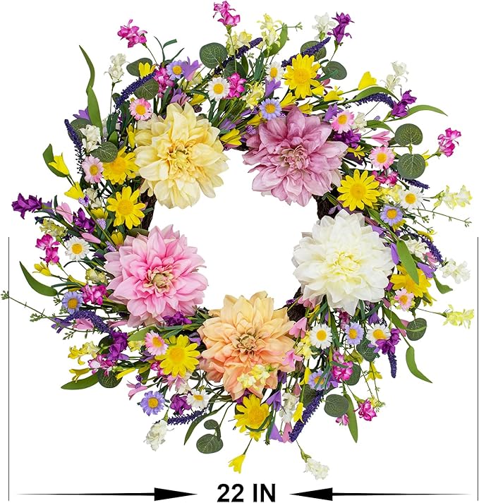 LLZLL Spring Wreaths for Front Door 22 Inch Spring Wreath Artificial Summer Wreath with Colorful Dahlia Daisy and Forsythia for Farmhouse Home Holiday Decorations
