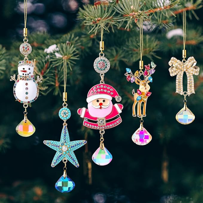 5Pcs Hanging Ornaments for Christmas Tree Mix Color Christmas Decor Set Thanksgiving Xmas Wedding Party Gifts Crystal Suncatchers Indoor Home Decor