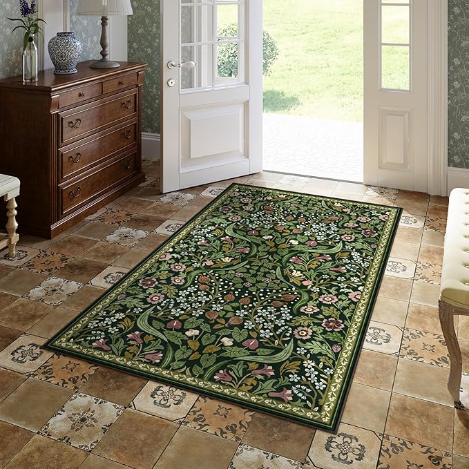 Moynesa Floral 3x5 Area Rug, Washable Non Slip Soft Bedroom Rugs, Boho Green Small Rugs for Living Room, Botanical Ultra Thin Throw Carpet for Kitchen Entryway Bathroom, Green