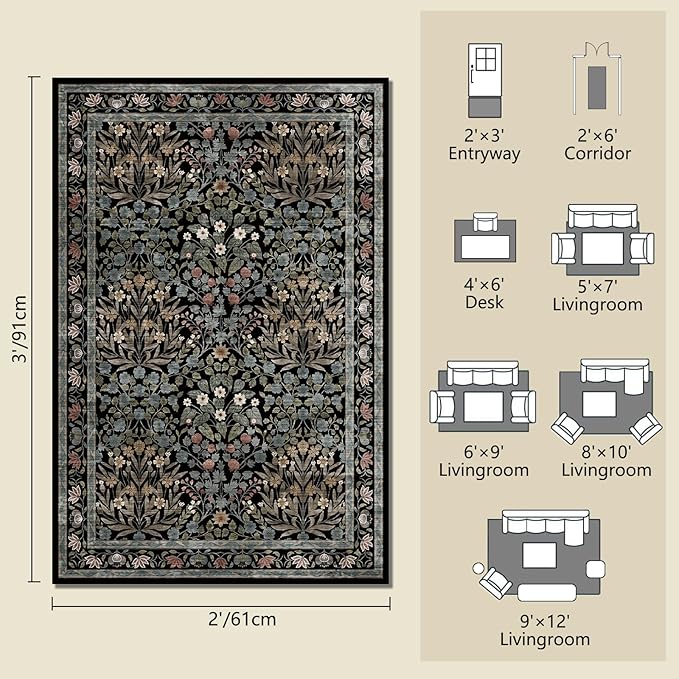 Floral Entryway Rug, 2x3 Kitchen Rugs Non Slip Washable Traditional Design Vintage Floral, Soft Door Mat Indoor Entrance, Ultra-Thin Easy Clean Small Throw Carpet for Bedroom Bathroom