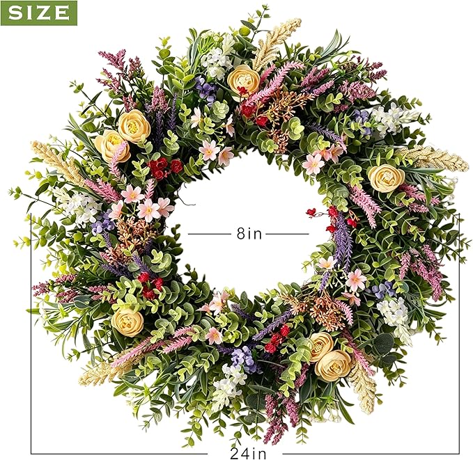 Lush Eucalyptus Wreath for Front Door - 24" Colorful Floral Wreath with 10+ Mixed Foliage & Blooms - All-Season Farmhouse Outdoor Wreath for Spring Summer Porch Wall Decor