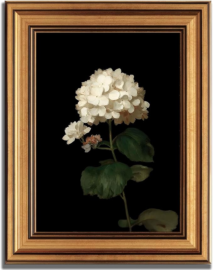Gold Framed Moody Flower Canvas Wall Art White Hydrangea Living Kitchen painting Decor Pictures Bedroom Vintage Plant Floral Posters Prints for Corridor Classroom Bedroom Woman Room Decoration
